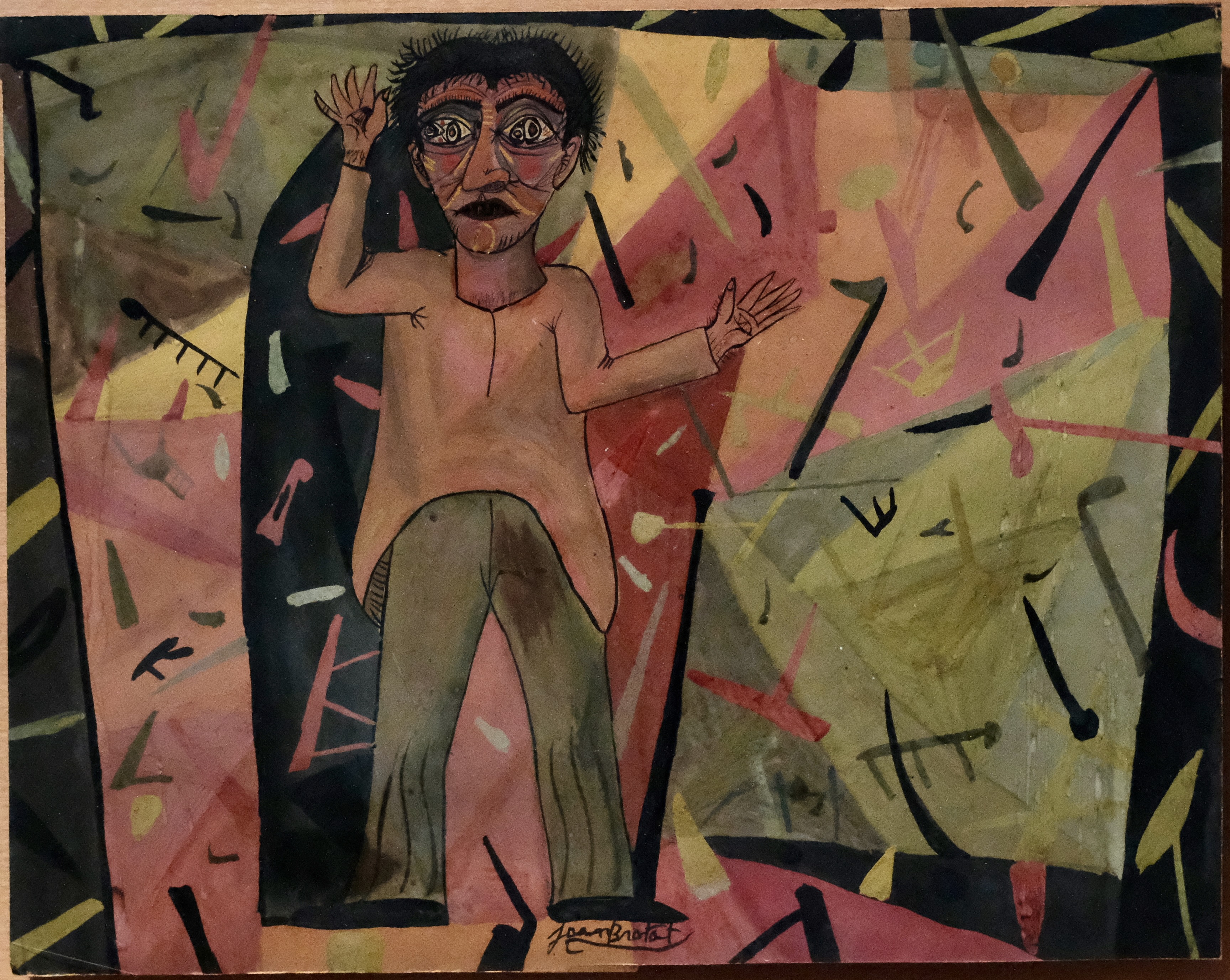 The image is a vibrant and colorful digital art piece. It features a man, who appears to be in a state of distress or discomfort. He is surrounded by abstract shapes and patterns that are predominantly red and yellow, with some blue accents. The overall mood of the piece conveys a sense of chaos and emotional turmoil.