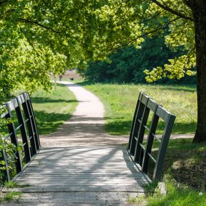 A small bridge over a path surrounded by greenery in a park setting.