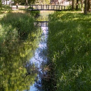 A small bridge over a narrow canal surrounded by greenery in Huizen, Netherlands.